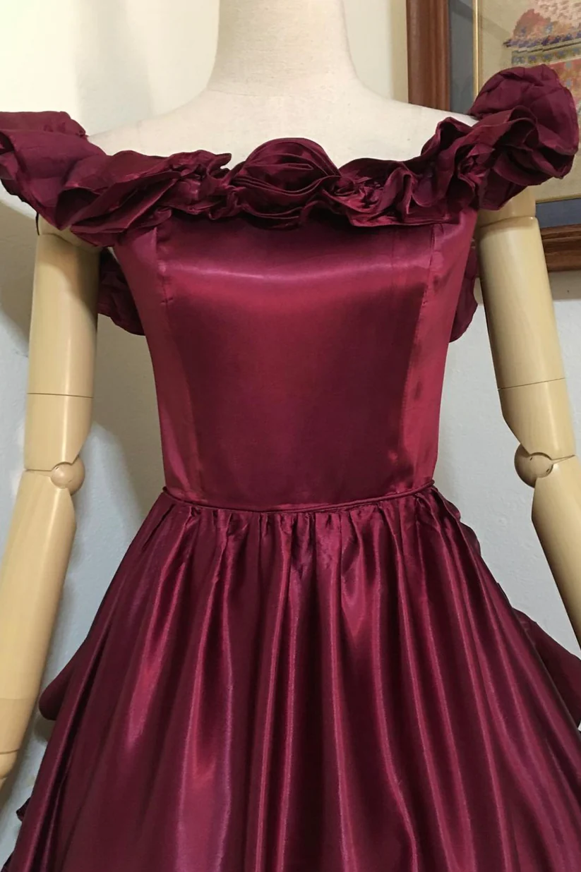 Burgundy Satin Off The Shoulder Ruffles Prom Dress DP234