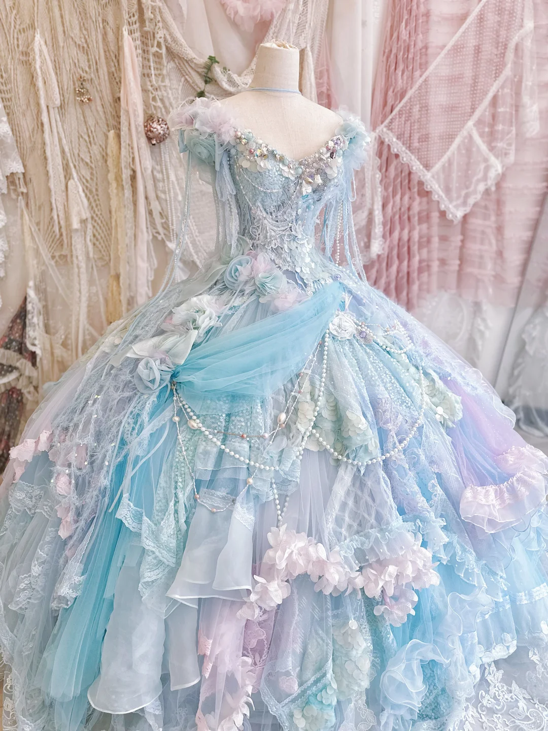Blue Ball Gown V Neck Exquisite Beaded Layered Lace Tulle 16th Birthday Dress Prom Dress DP3812