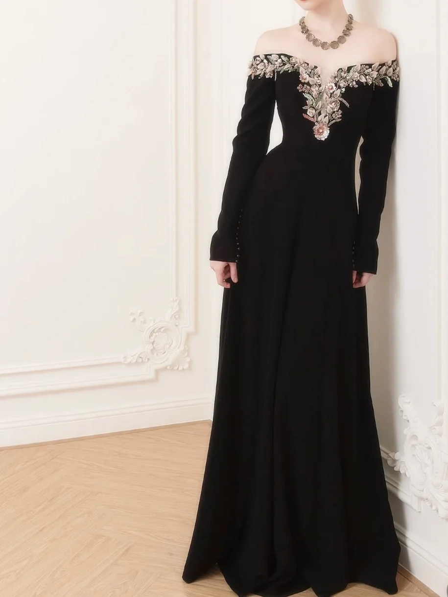 Vintage Black A Line Long Sleeve Beaded Satin Long Prom Dress Wedding Guest Dress DP4545