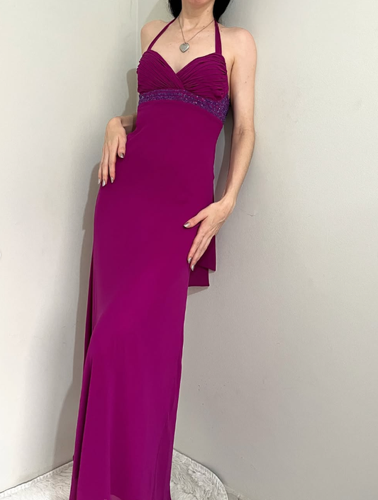 Vintage Sheath Halter Beaded Dark Purple Chiffon Open Back Party Dress Evening Dress DP2367