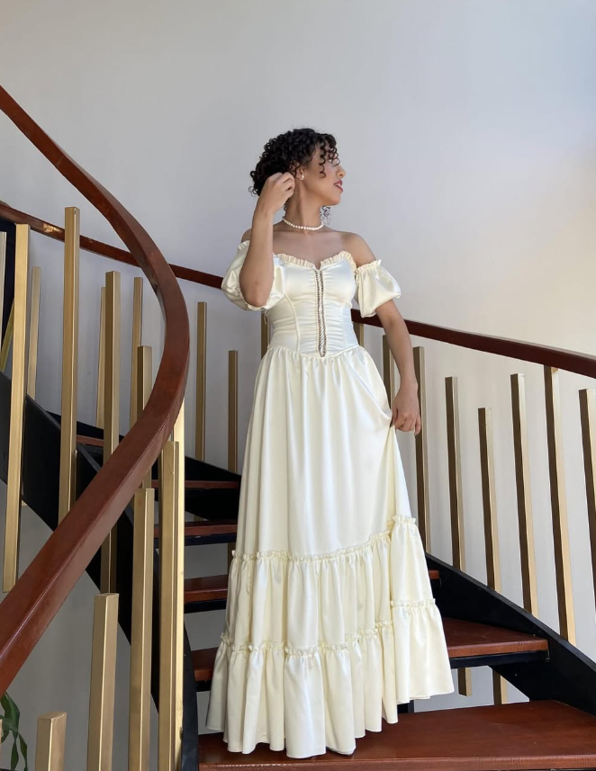 Princess A Line Off the Shoulder Champagne Satin Long Prom Dress Evening Dress DP1689