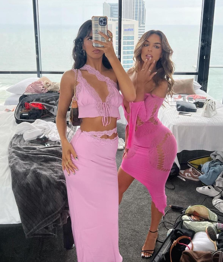 Sexy Sheath Two Piece Pink Lace Satin Long Prom Dress Evening Dress DP1478