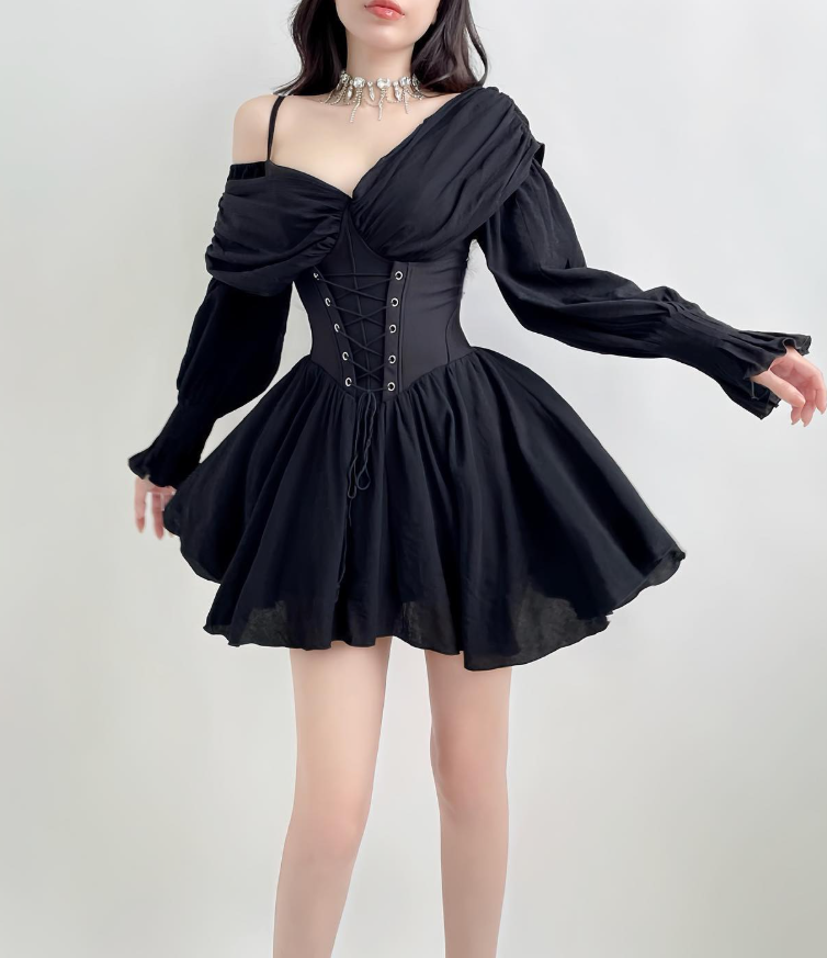 Pretty A Line Long Sleeve Corset Black Chiffon Short Party Dress Homecoming Dress DP3019
