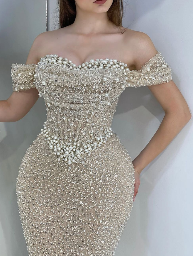 Glamorous Mermaid Off the Shoulder Beaded Pearl Champagne Tulle Prom Dress DP5734