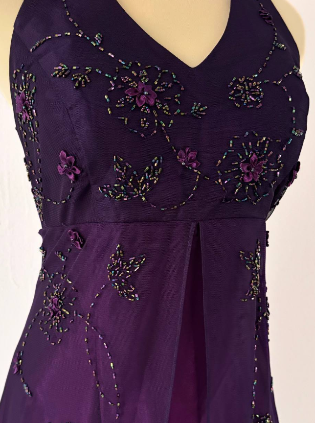 Charming A Line Halter Beaded Flower Purple Tulle Satin Prom Dress Evening Dress DP2233