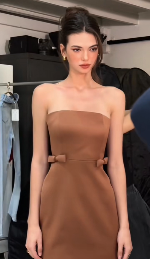 Simple A Line Strapless Brown Bow Satin Short Homecoming Dress Outfits DP4519