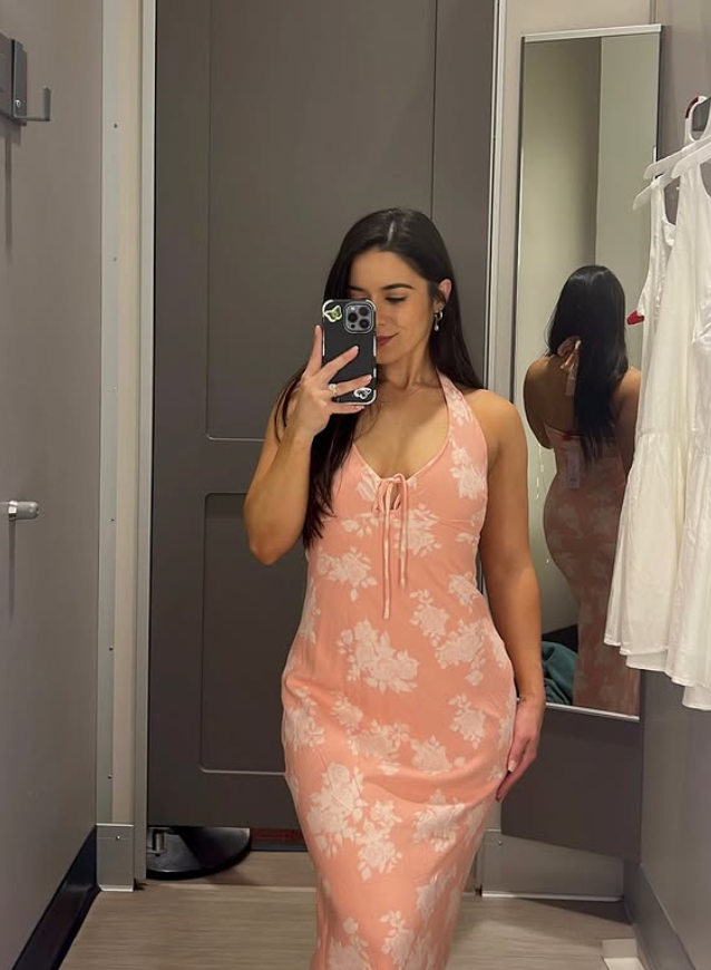 Pink Sheath Halter Print Floral Chiffon Long Prom Dress Vacation Dress DP4043