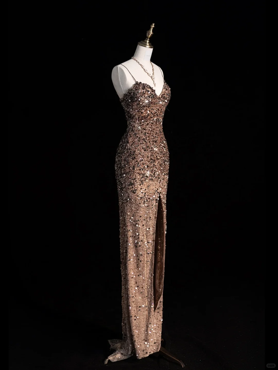 Shiny Sheath Spaghetti Strap Champagne Sequin Long Prom Dress Evening Dress DP2176