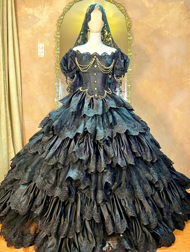 Black Ball Gown Puff Pearl Layered Lace Satin 16th Birthday Dress Quinceanera Dress DP4437