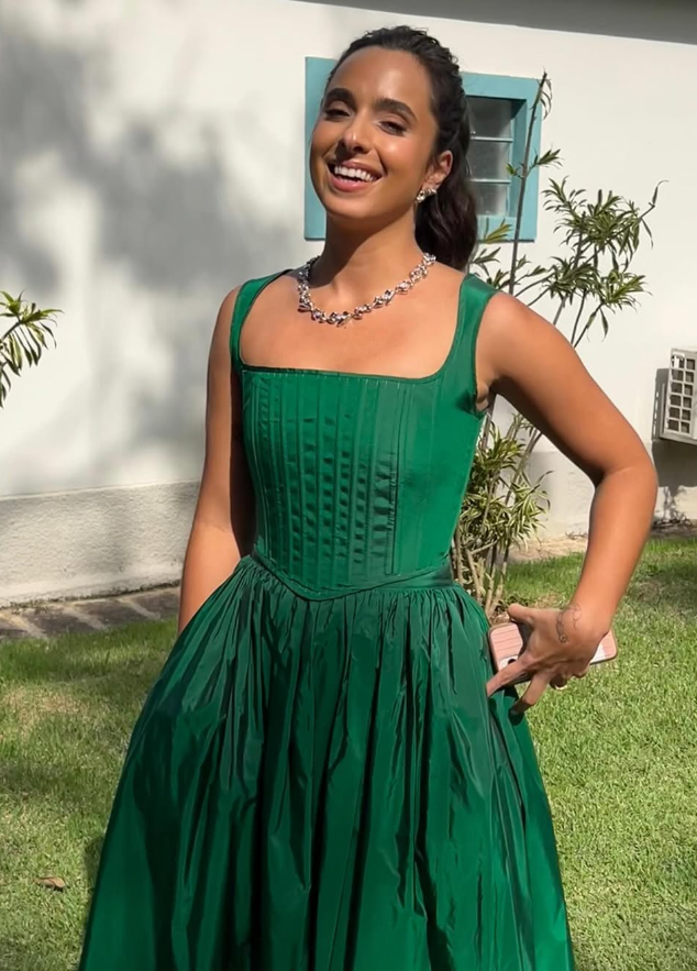 Green A Line Straps Corset Satin Long Prom Dress Evening Dress DP1337