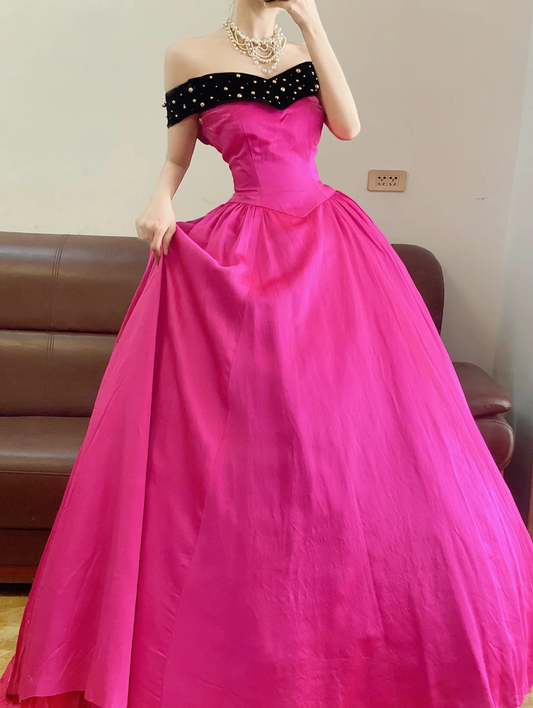 Pink Ball Gown Off the Shoulder Beaded Satin 16th Birthday Dress Party Dress Quinceanera Dress DP4090