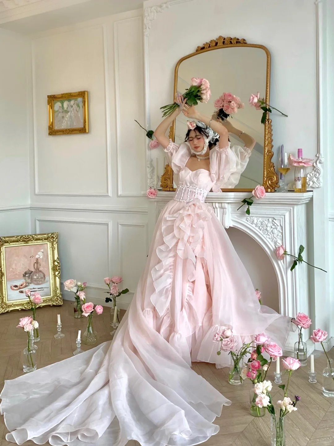 Light Pink Ball Gown Puff Ruffle Chiffon Long Party Dress Birthday Dress with Slit DP2501