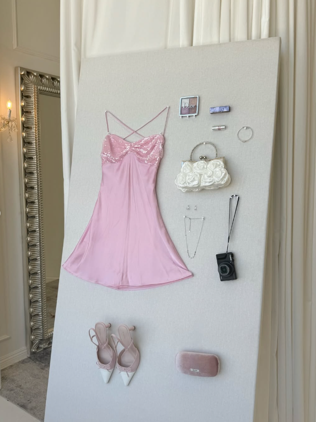 Cute Pink A Line Spaghetti Strap Sequin Satin Mini Homecoming Dress Cocktail Dress DP3571
