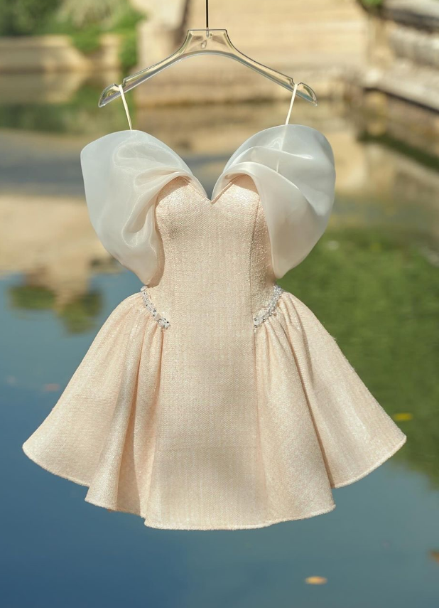 Champagne A Line Off the Shoulder Satin Short Homecoming Dress DP1424