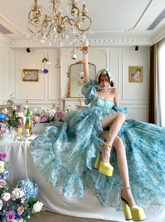 Blue Ball Gown Puff Print Floral Ruffle Chiffon Long Party Dress Birthday Dress with Slit DP2422