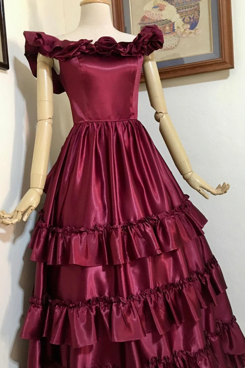 Burgundy Satin Off The Shoulder Ruffles Prom Dress DP234