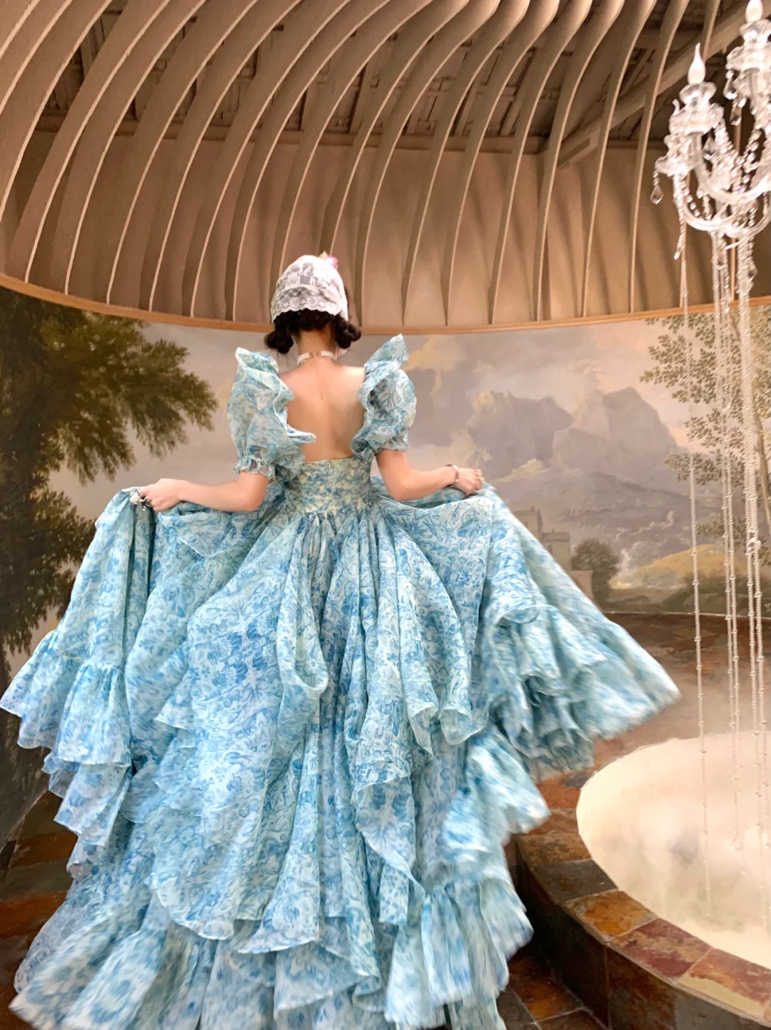 Blue Ball Gown Puff Print Floral Ruffle Chiffon Long Party Dress Birthday Dress with Slit DP2422
