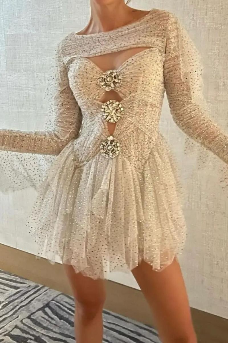 Shiny Silver Sequin A Line Long Sleeve Beaded Tulle Homecoming Dress Cocktail Dress DP3165