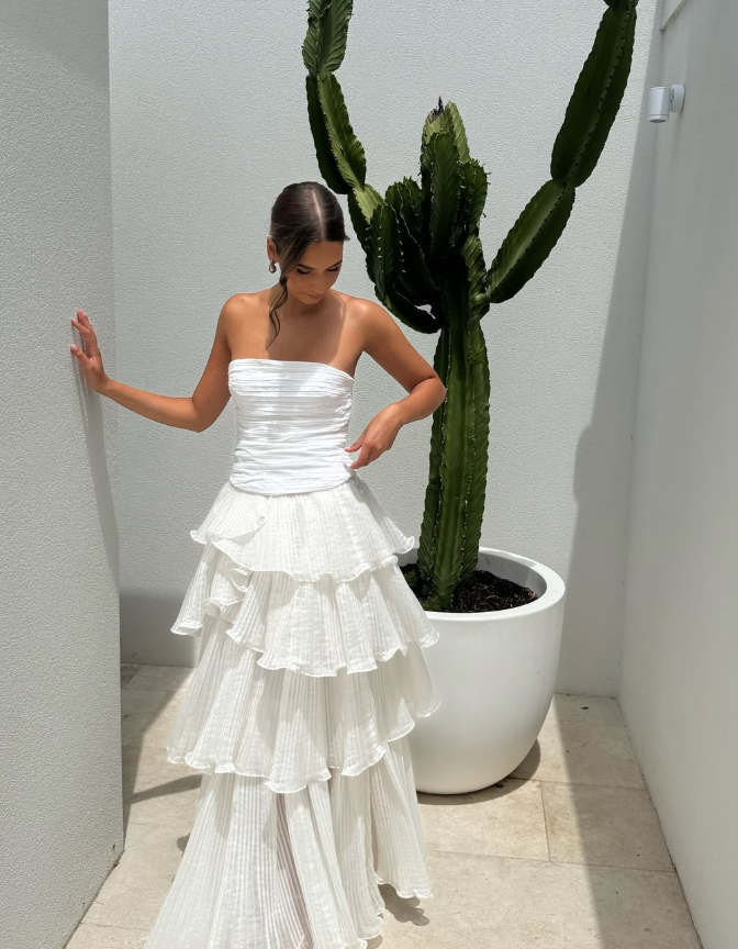 Gentle A Line Strapless Tiered White Chiffon Prom Dress Evening Dress DP2007