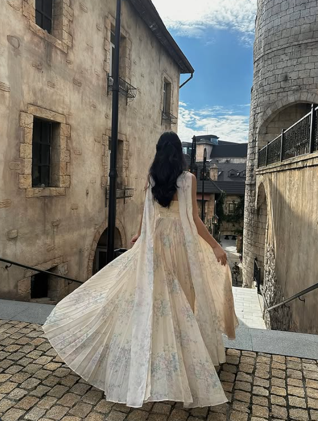 Gentle A Line Strapless Print Floral Chiffon Prom Dress 16th Birthday Dress DP3974