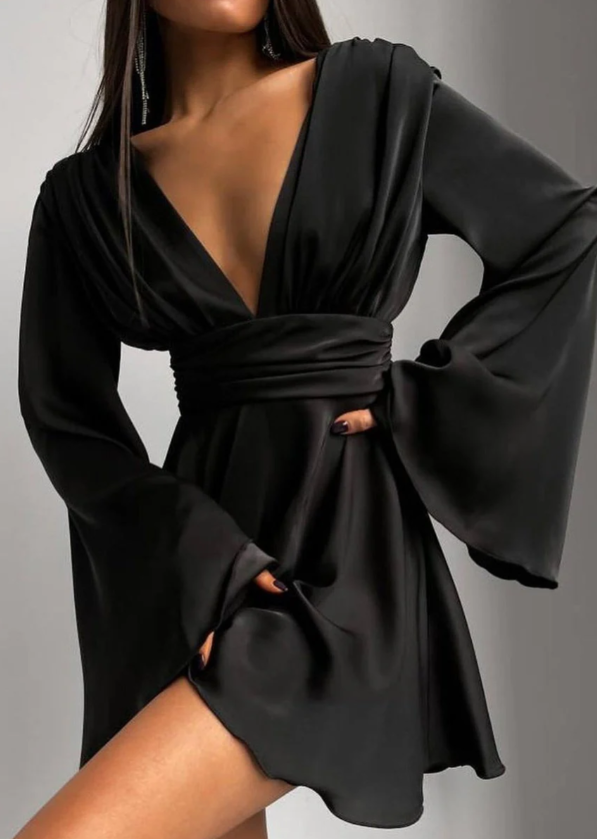 Cute A Line Long Sleeve V Neck Satin Short Homecoming Dress Outfits DP1583