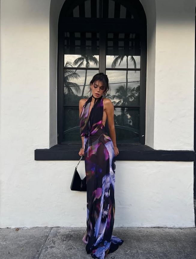 Sexy Sheath Halter Purple Print Floral Chiffon Long Prom Dress Evening Dress DP3827