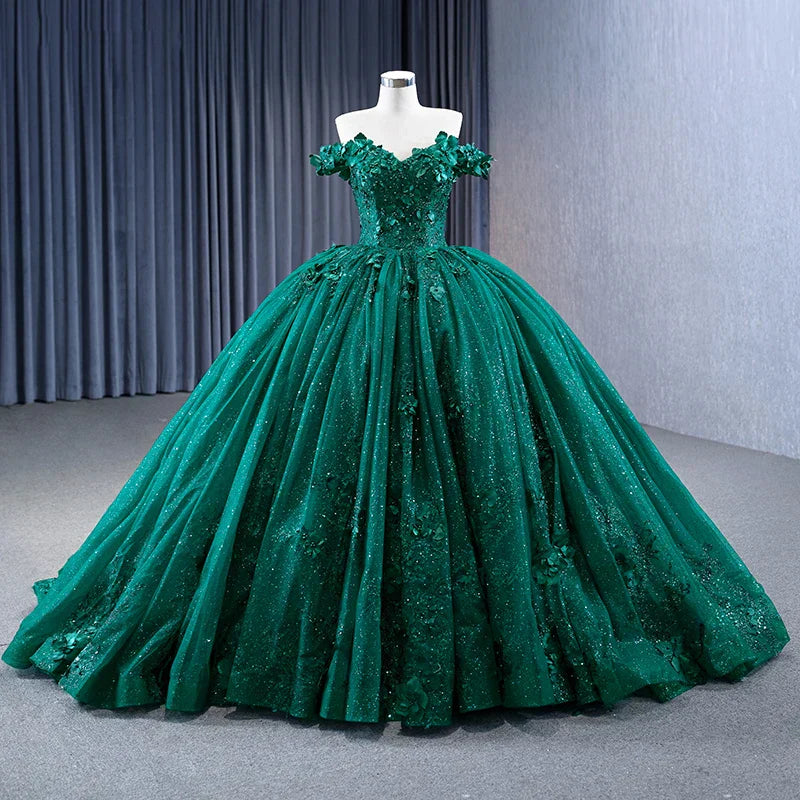 Dark Green Ball Gown Off-the-shoulder Appliques Beaded Tulle Quinceanera Dress DP872