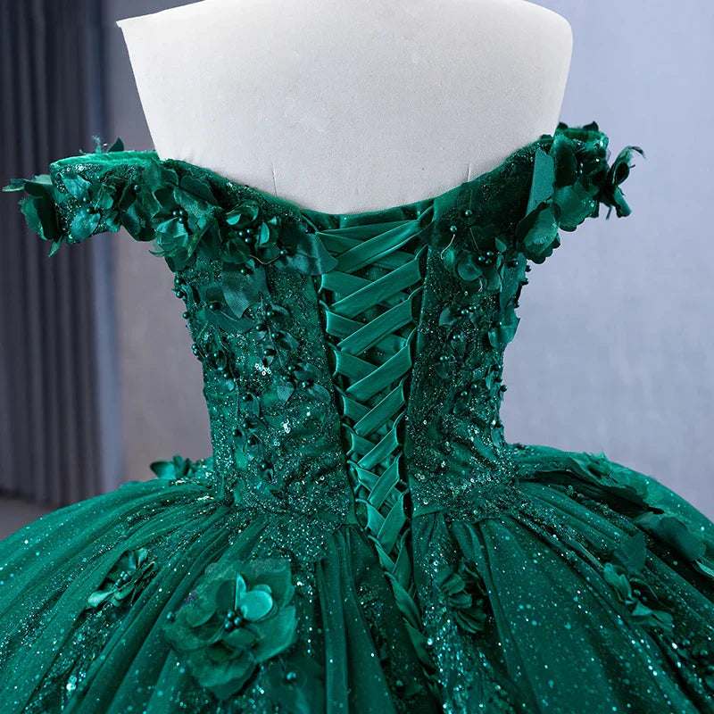 Dark Green Ball Gown Off-the-shoulder Appliques Beaded Tulle Quinceanera Dress DP872