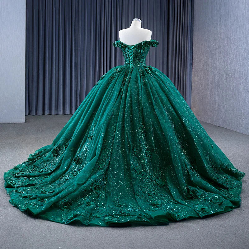 Dark Green Ball Gown Off-the-shoulder Appliques Beaded Tulle Quinceanera Dress DP872