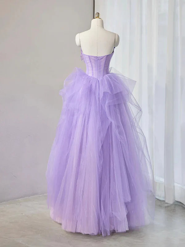 Purple A Line Sweetheart Neck Applique Tulle Long Prom Dress Evening Dress DP1235
