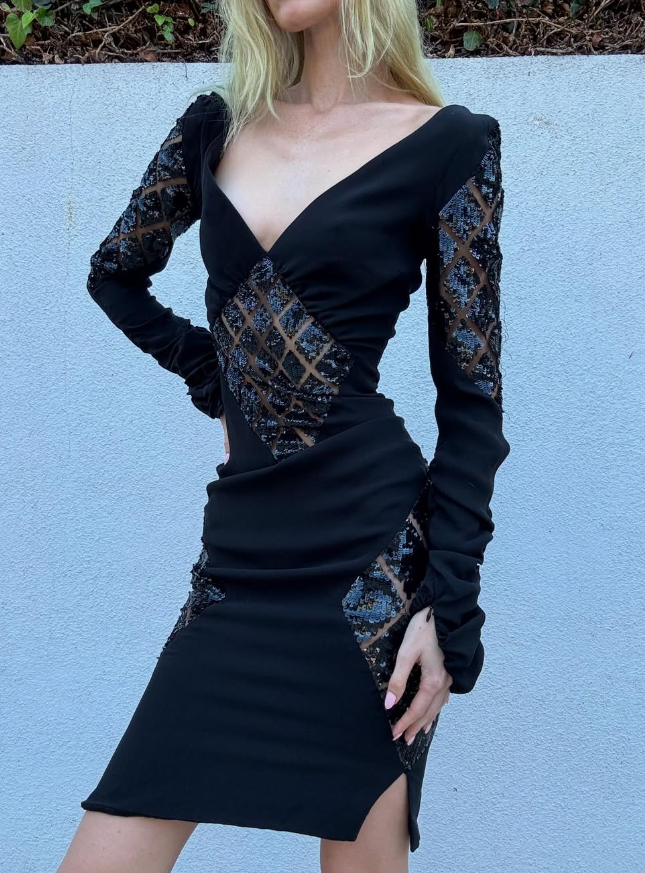 Elegant Sheath V Neck Long Sleeve Black Sequin Satin Prom Dress Evening Dress DP2083