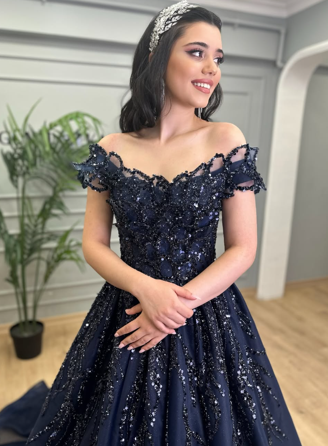 Stunning A Line Off the Shoulder Navy Blue Sequin Beaded Tulle Prom Dress Evening Dress DP1858