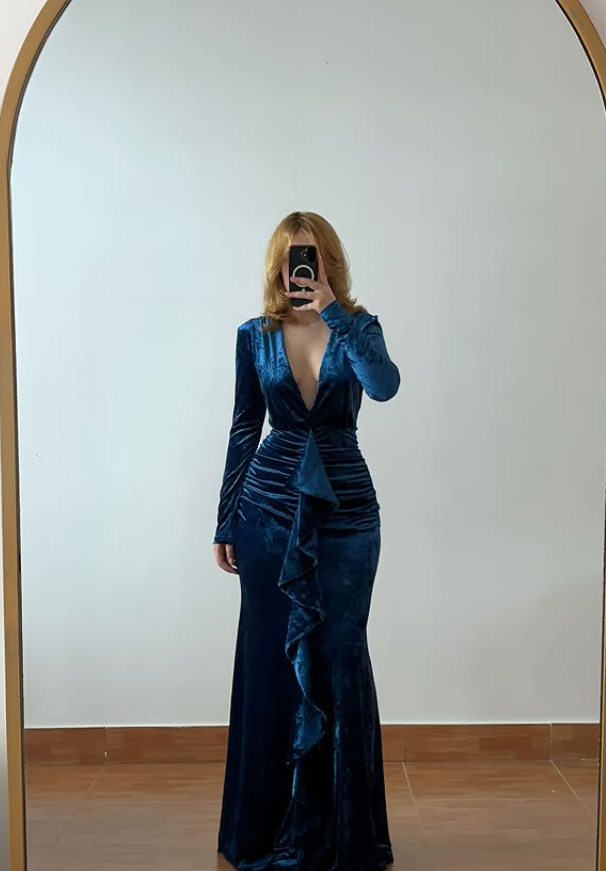 Sexy Blue Mermaid Long Sleeve V Neck Velvet Prom Dress Evening Dress DP6422