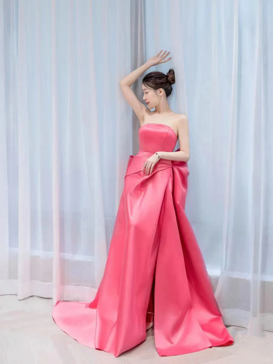 Cute A Line Strapless Bow Pink Satin Long Party Dress Birthday Dress with Slit DP2425