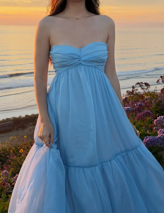 Sky Blue A Line Strapless Tulle Prom Dress Evening Dress Vacation Dress DP5606