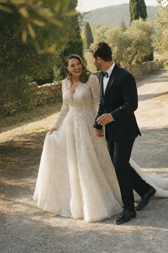 Dreamy A Line Long Sleeve White Lace Long Train Wedding Dress DP7982