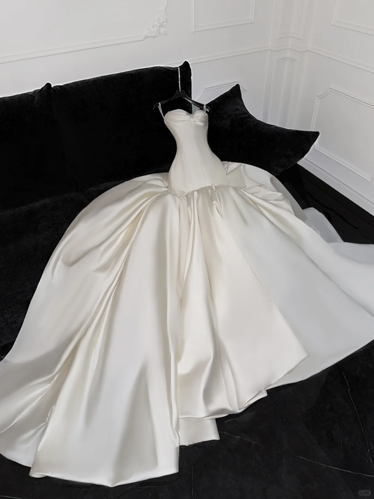 Elegant Mermaid Sweetheart Neck Pearl White Satin Long Sweep Wedding Dress DP2561