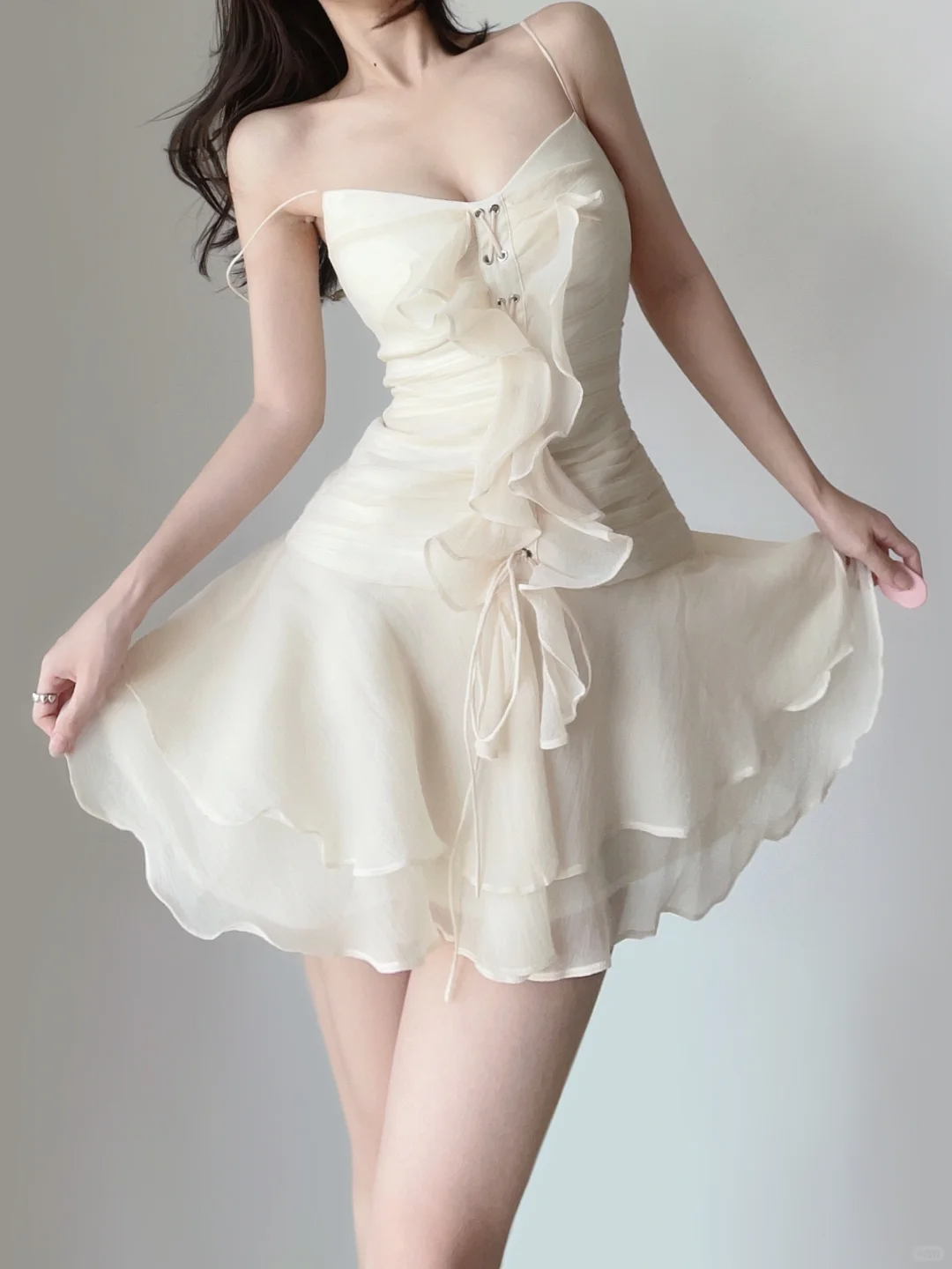 Ivory A Line Spaghetti Strap Layered Chiffon Short Homecoming Dress Cocktail Dress DP2662