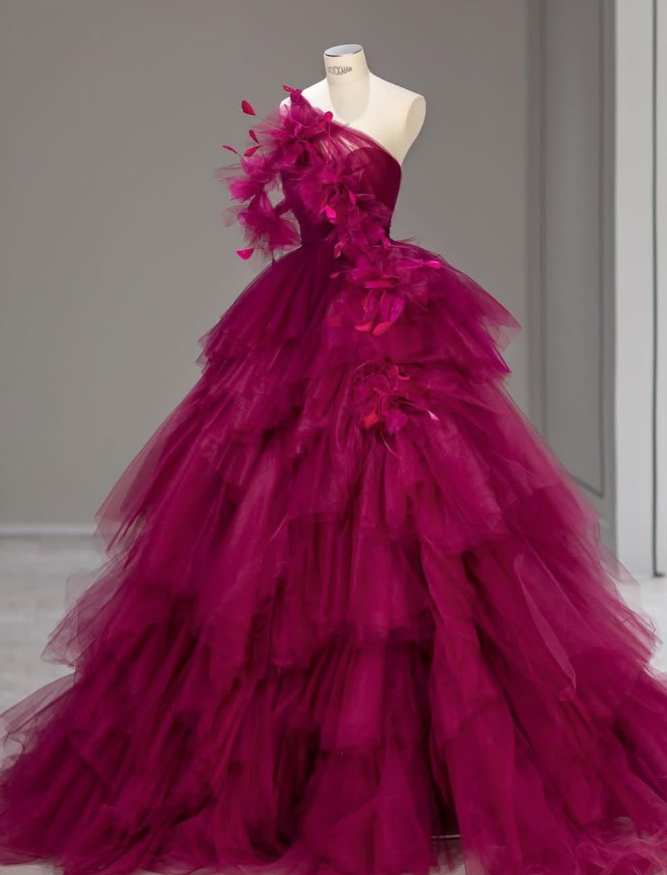 Luxurious Ball Gown One Shoulder 3D Floral Feather Layered Tulle Long Prom Dress DP1425