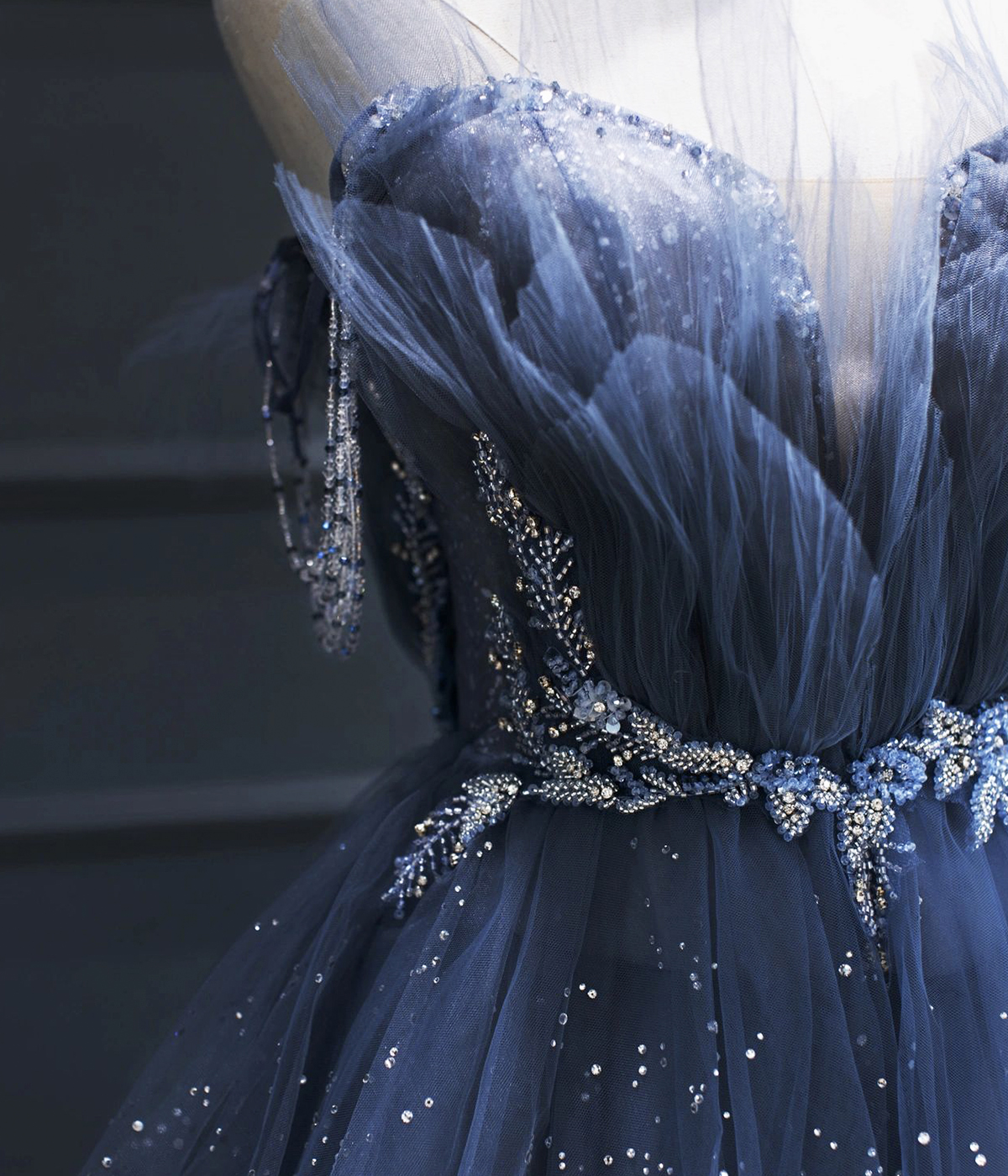 Blue Tulle Beaded Long Senior Prom Dress Fashion Evening Dress DP074