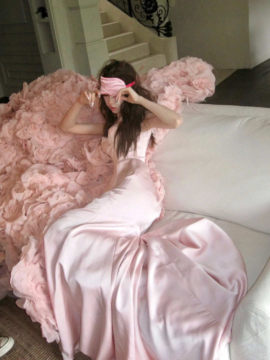 Unique Mermaid Straps Pink Satin Flower Tulle Party Dress Evening Dress DP2548
