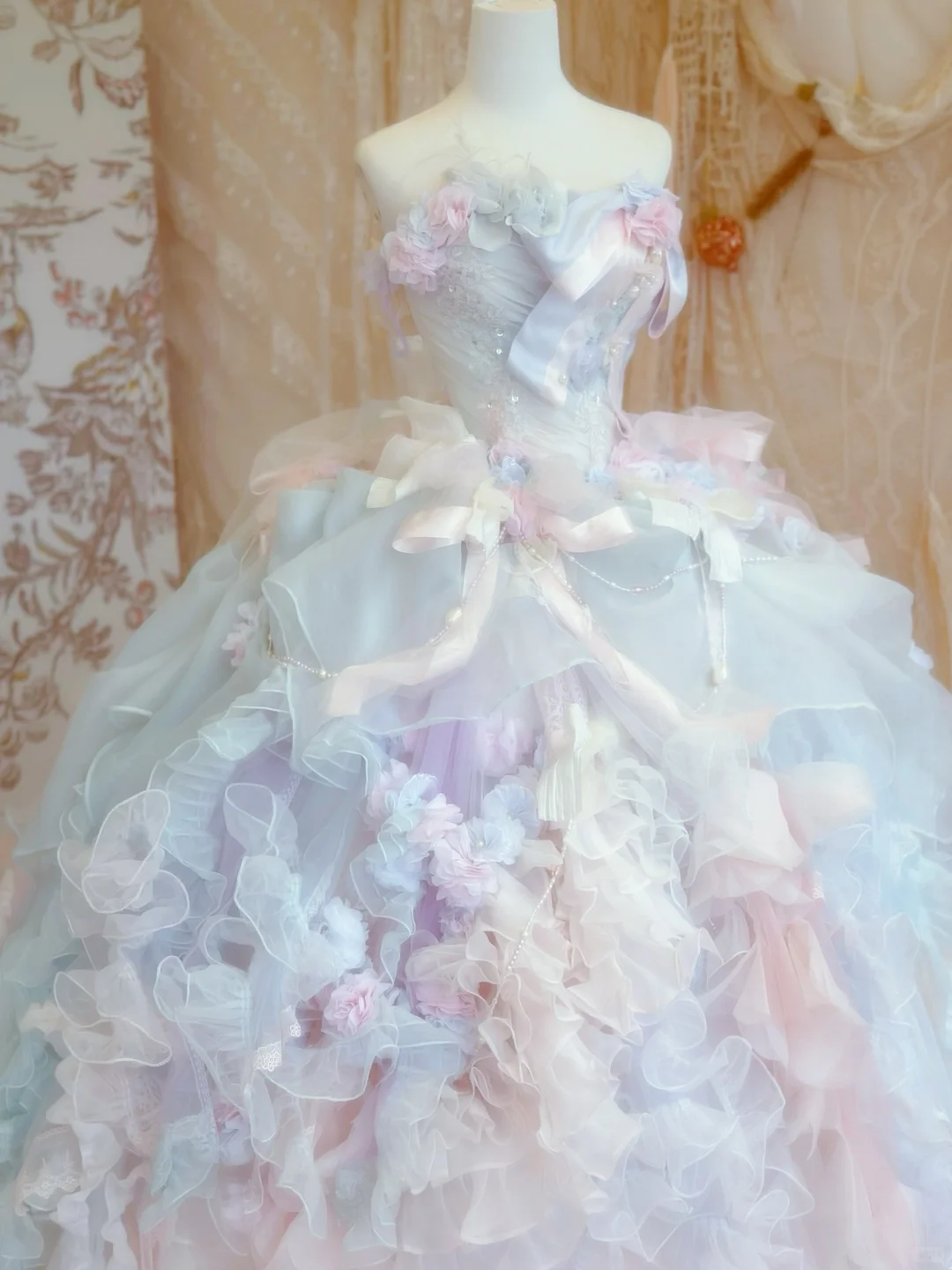 Unique Ball Gown Strapless Floral Beaded Layered Organza Prom Dress 16th Birthday Dress DP3771