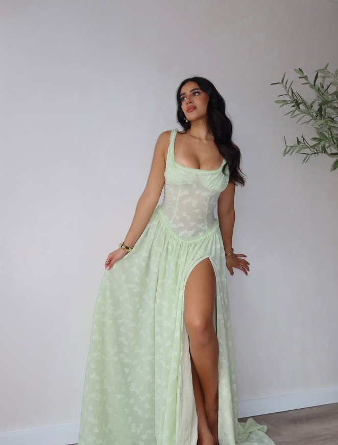 Cute A Line Straps Light Green Satin Long Prom Dress Graduation Prom Dress with Slit DP2230