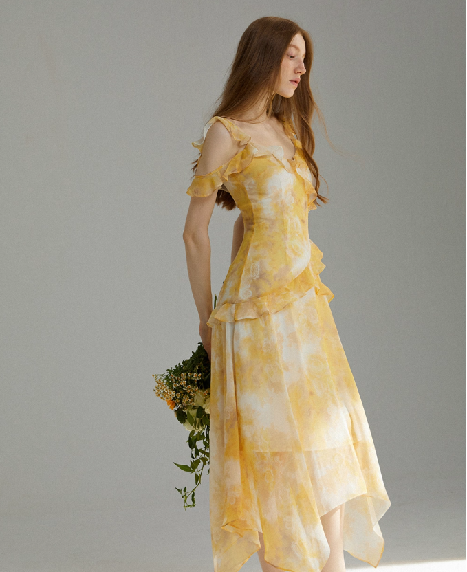 Pretty A Line Spaghetti Strap Ruffle Yellow Chiffon Summer Dress Vacation Dress Outfits DP3655