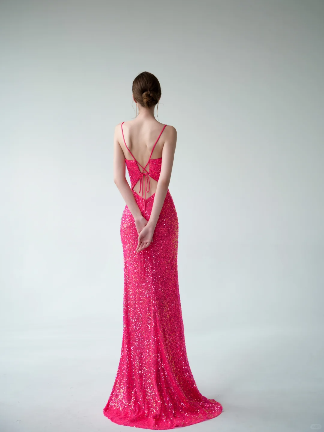 Sexy Mermaid Spaghetti Straps Pink Sequin Prom Dress Formal Gown with Slit DP3722
