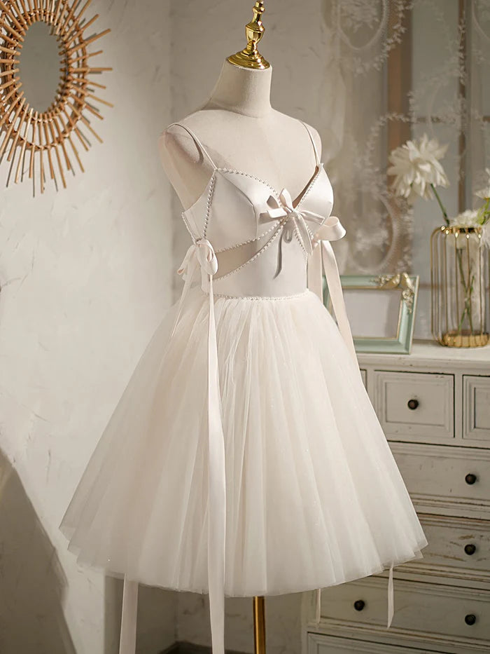 Sexy Spaghetti Straps Beading Satin Bow Short Homecoming Dresses DP972
