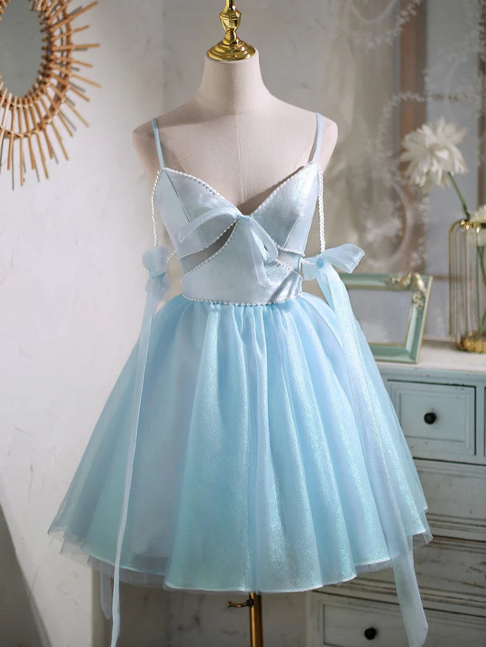 Sexy Spaghetti Straps Beading Satin Bow Short Homecoming Dresses DP972