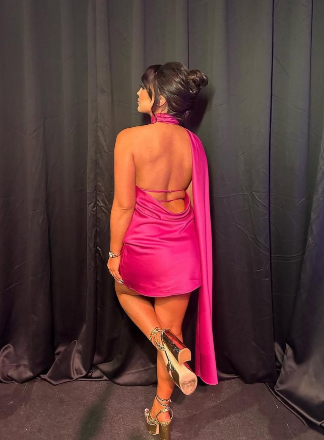 Hot Pink Sheath Halter Satin Short Open Back Homecoming Dress Birthday Dress DP1765