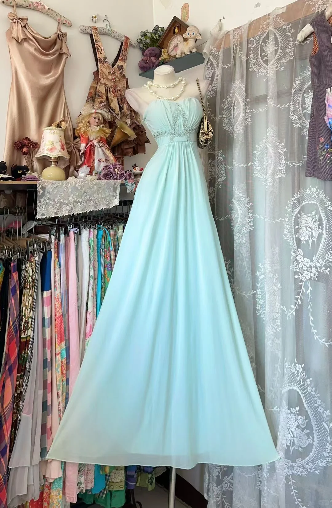 Vintage Baby Blue A Line Strapless Beaded Chiffon Prom Dress Evening Dress DP5250