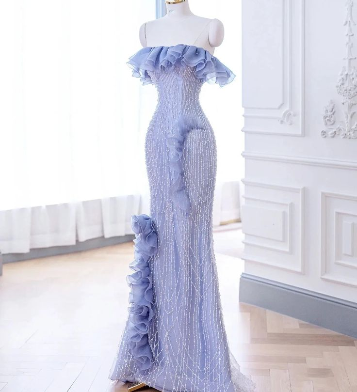 Elegant Lavender Flower Ruffles Beaded Lace Prom Dress Mermaid Evening Dress DP162